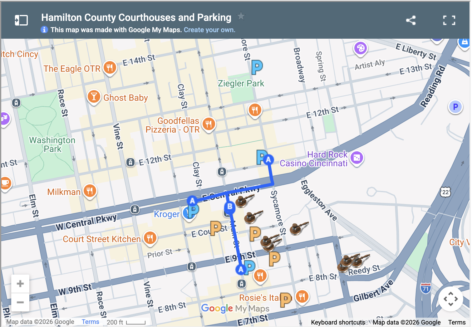 Map of public parking garages and lots near the Hamilton County courthouse complex in downtown Cincinnati