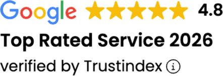 Google Top Rated Service 2026, 4.8 stars, verified by Trustindex
